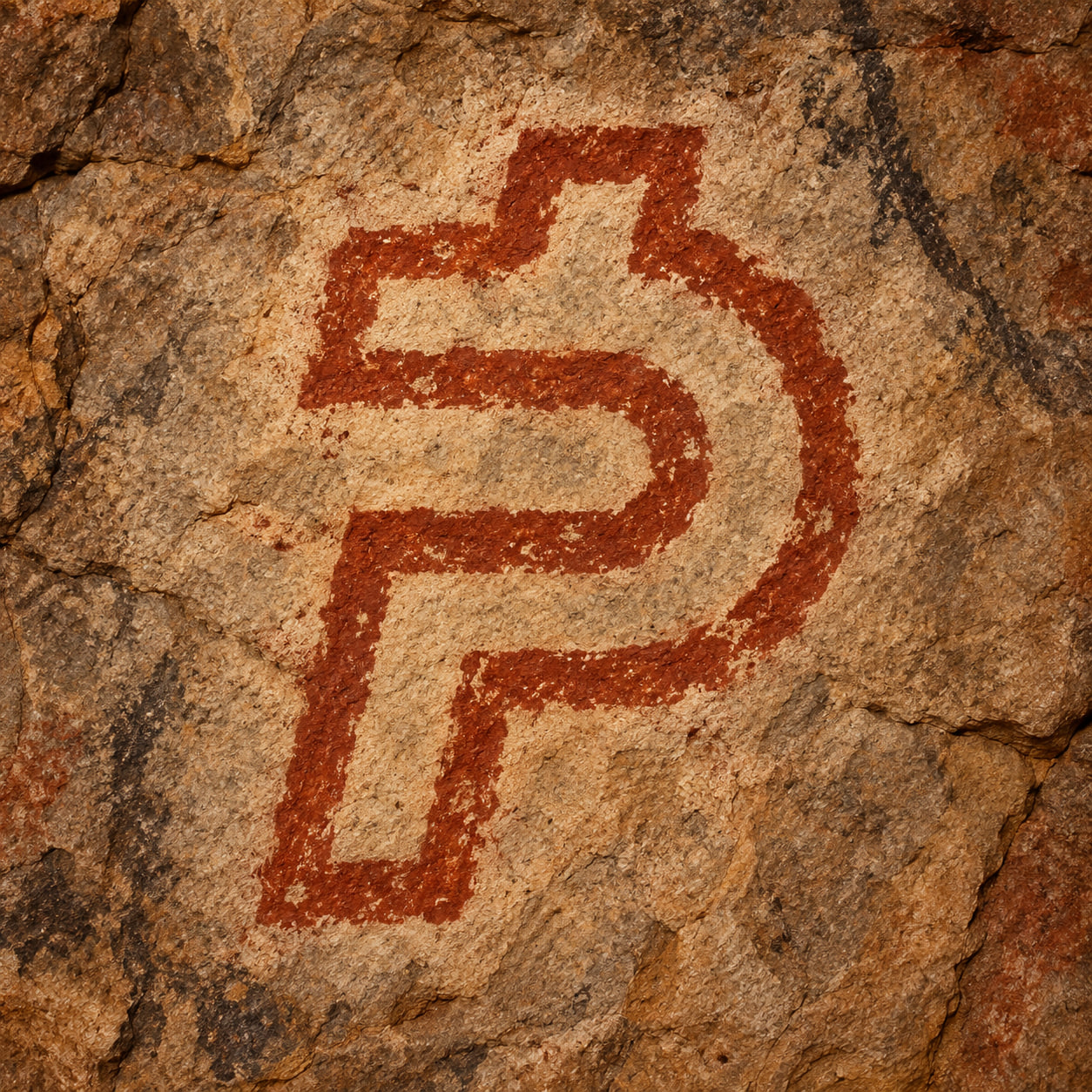 First Paid, an angular terracotta mark hand-painted on ancient sandstone